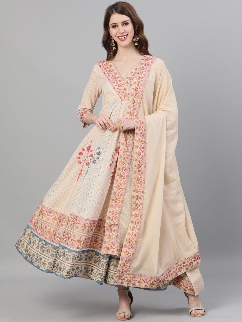 beige cotton anarkali kurta - 17695374 - Zoom Image - 1