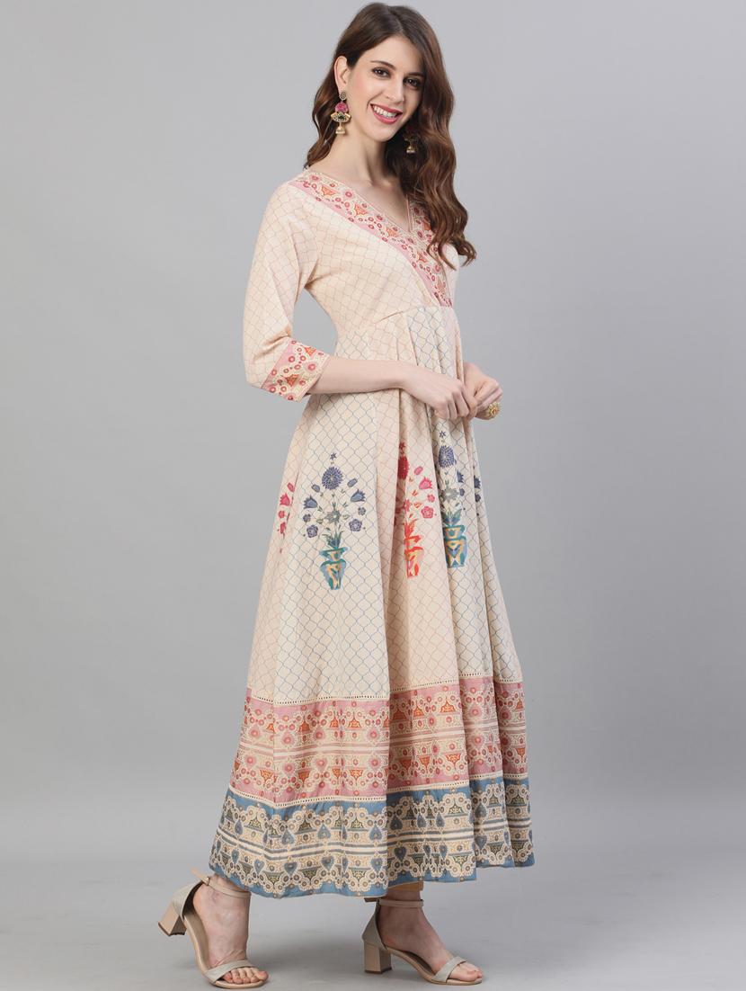 beige cotton anarkali kurta - 17695374 - Zoom Image - 2