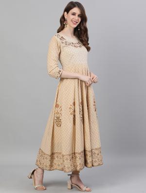 beige cotton anarkali kurta - 17695375 - Standard Image - 2