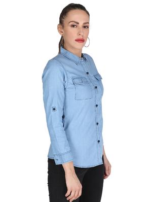 curved hem denim shirt - 17695831 - Standard Image - 2