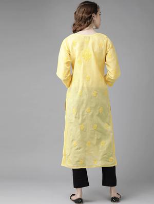 ada hand-embroidered yellow chikankari kurta pant set - 17695924 - Standard Image - 3