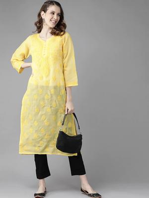 ada hand-embroidered yellow chikankari kurta pant set - 17695924 - Standard Image - 4