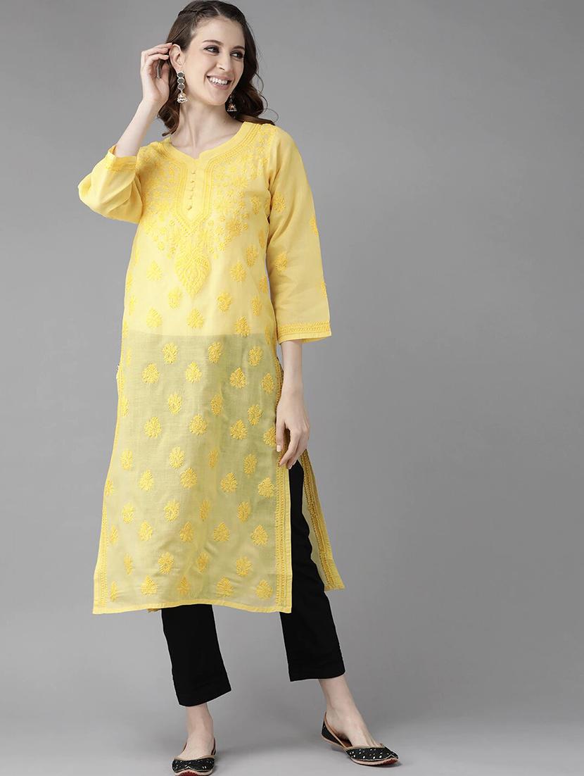 ada hand-embroidered yellow chikankari kurta pant set - 17695924 - Zoom Image - 2