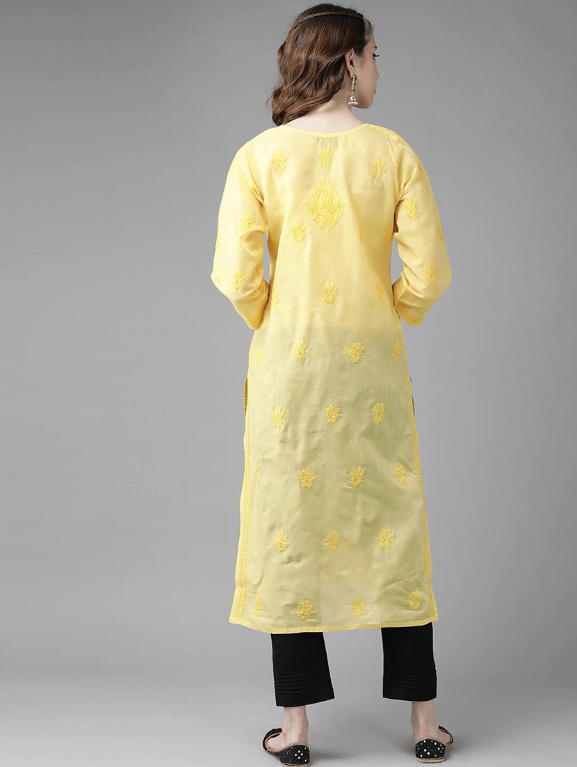 ada hand-embroidered yellow chikankari kurta pant set - 17695924 - Zoom Image - 3