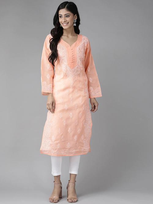 ada hand-embroidered peach chikankari kurta pant set - 17695926 - Standard Image - 1