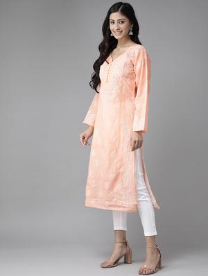 ada hand-embroidered peach chikankari kurta pant set - 17695926 - Standard Image - 2