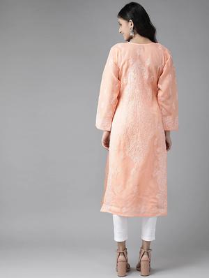 ada hand-embroidered peach chikankari kurta pant set - 17695926 - Standard Image - 3