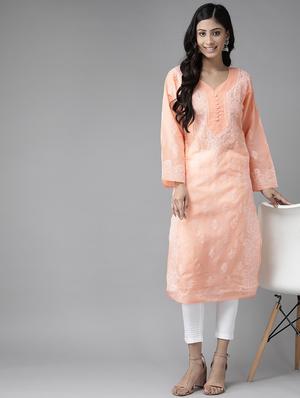 ada hand-embroidered peach chikankari kurta pant set - 17695926 - Standard Image - 4