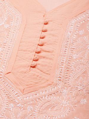 ada hand-embroidered peach chikankari kurta pant set - 17695926 - Standard Image - 7