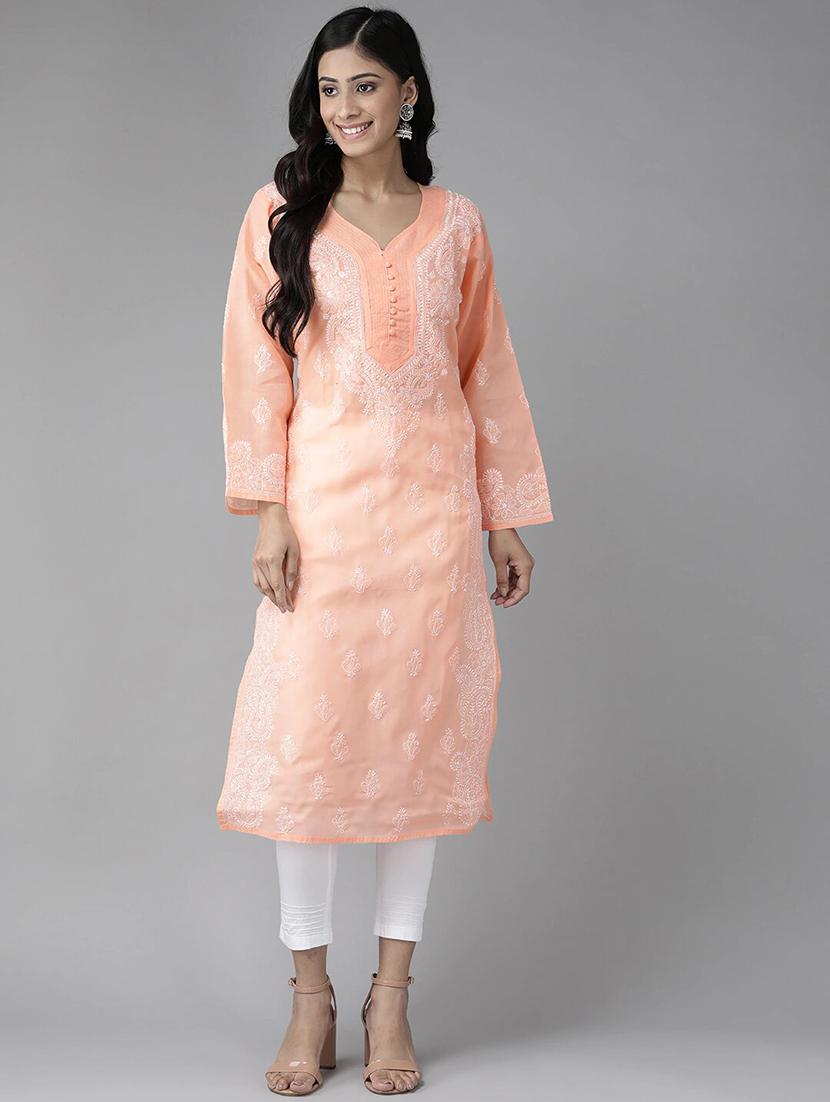 ada hand-embroidered peach chikankari kurta pant set - 17695926 - Zoom Image - 1