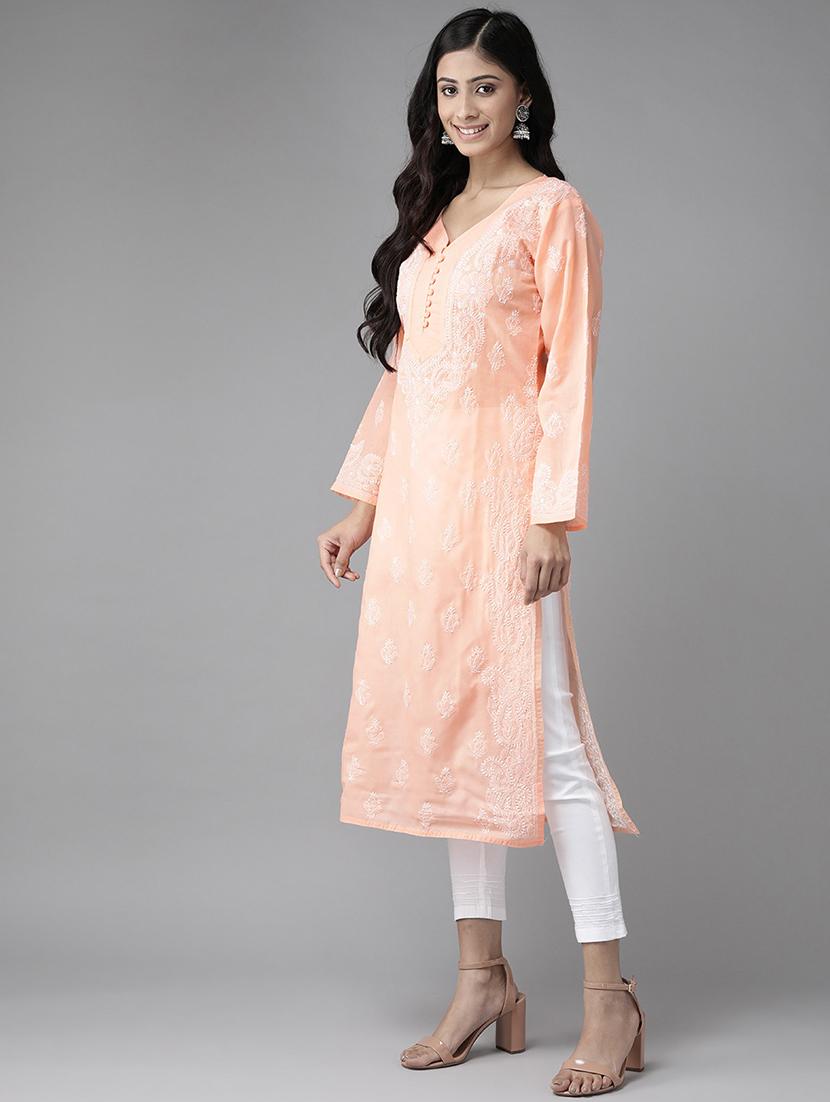 ada hand-embroidered peach chikankari kurta pant set - 17695926 - Zoom Image - 2