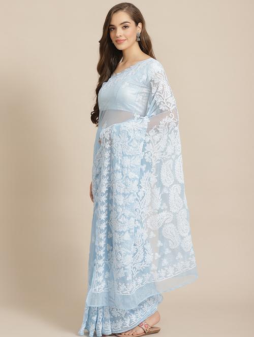 ada hand-embroidered blue chikankari saree with blouse - 17697470 - Standard Image - 1