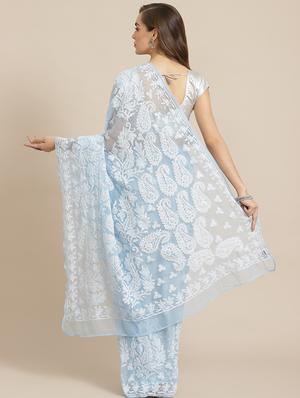 ada hand-embroidered blue chikankari saree with blouse - 17697470 - Standard Image - 2