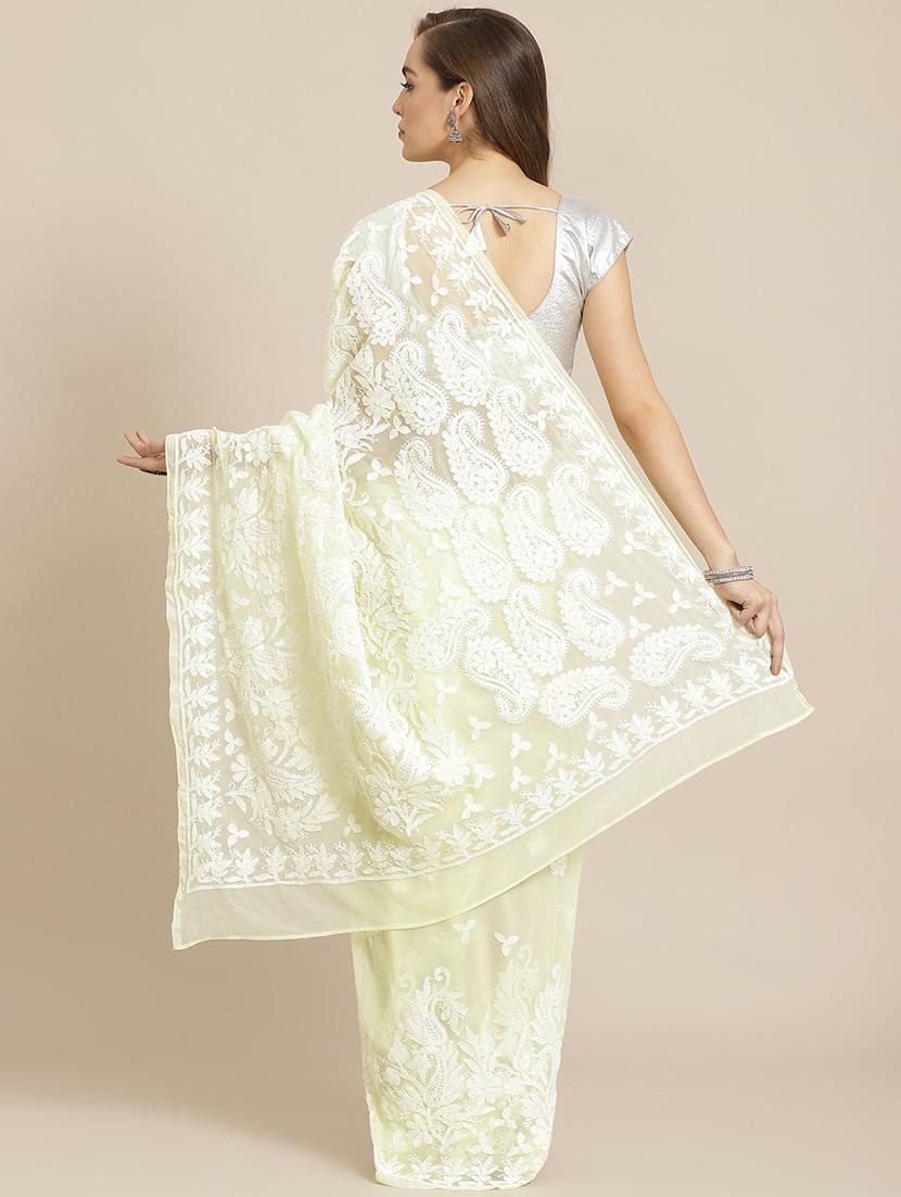 ada hand-embroidered lemon chikankari saree with blouse - 17697471 - Zoom Image - 2