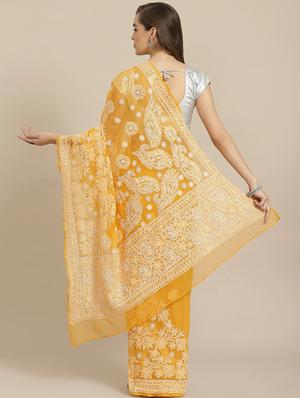 ada hand-embroidered mustard chikankari saree with blouse - 17697474 - Standard Image - 2