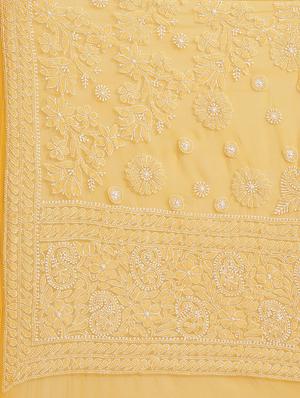 ada hand-embroidered mustard chikankari saree with blouse - 17697474 - Standard Image - 5