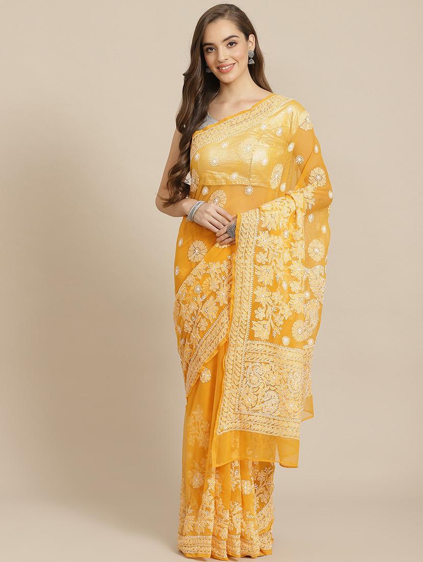 ada hand-embroidered mustard chikankari saree with blouse - 17697474 - Zoom Image - 1