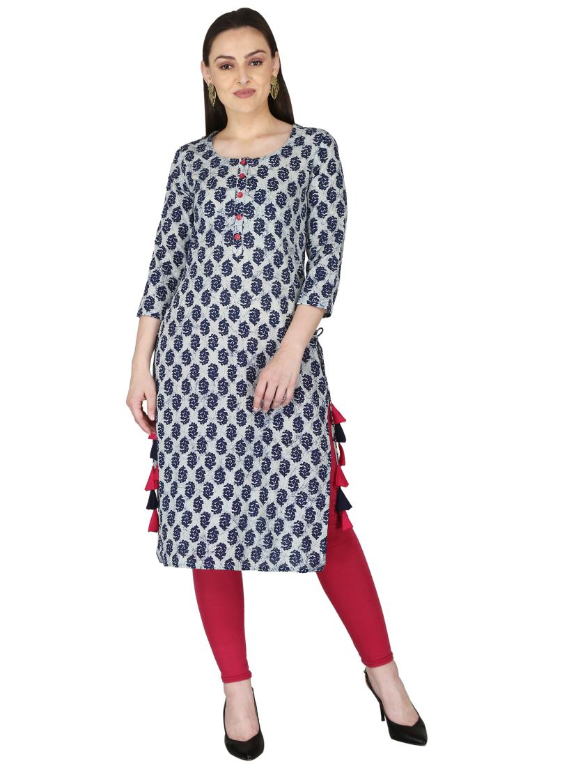 blue cotton straight kurta - 17697945 - Zoom Image - 1