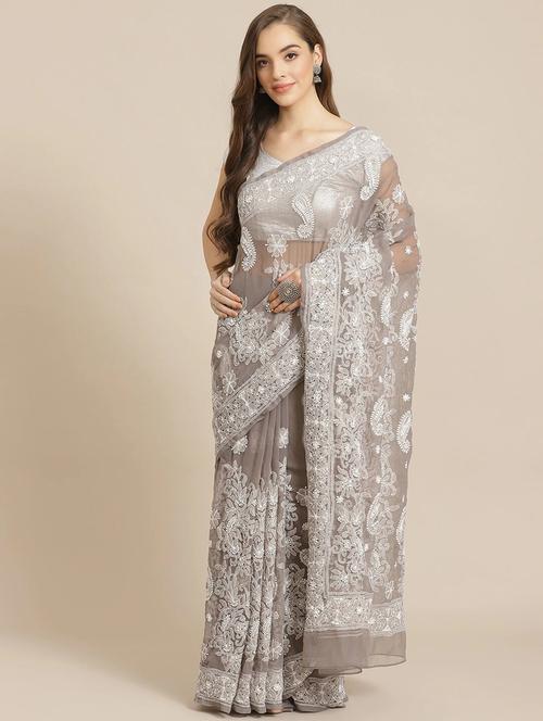 ada hand-embroidered grey chikankari saree with blouse - 17707256 - Standard Image - 1