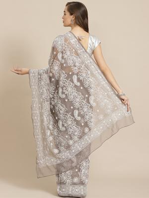 ada hand-embroidered grey chikankari saree with blouse - 17707256 - Standard Image - 2