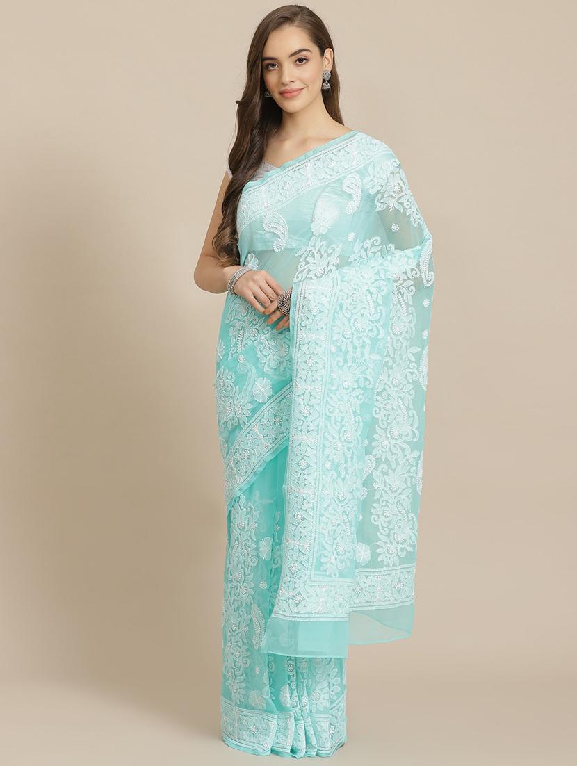 ada hand-embroidered green chikankari saree with blouse - 17707258 - Zoom Image - 1