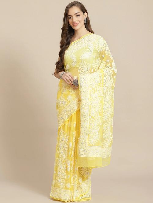 ada hand-embroidered yellow chikankari saree with blouse - 17707259 - Standard Image - 1