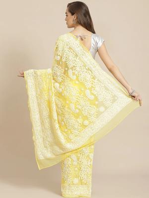 ada hand-embroidered yellow chikankari saree with blouse - 17707259 - Standard Image - 2