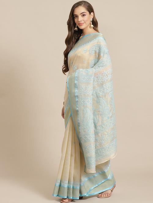 ada hand-embroidered beige chikankari saree with blouse - 17707262 - Standard Image - 1