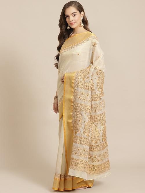 ada hand-embroidered beige chikankari saree with blouse - 17707263 - Standard Image - 1