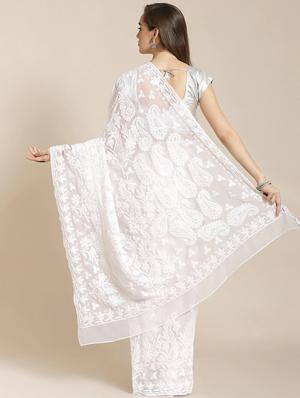 ada hand-embroidered white chikankari saree with blouse - 17707265 - Standard Image - 2