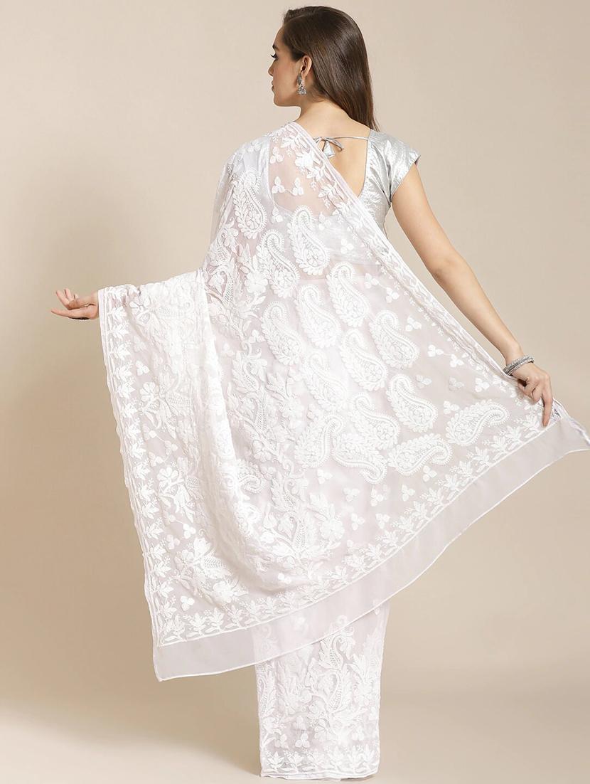ada hand-embroidered white chikankari saree with blouse - 17707265 - Zoom Image - 2