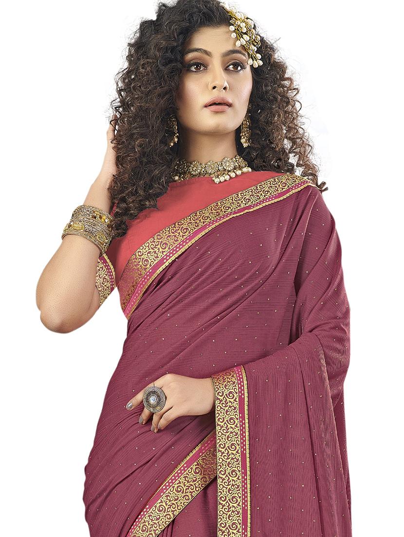 solid bordered saree with blouse - 17709246 - Zoom Image - 2