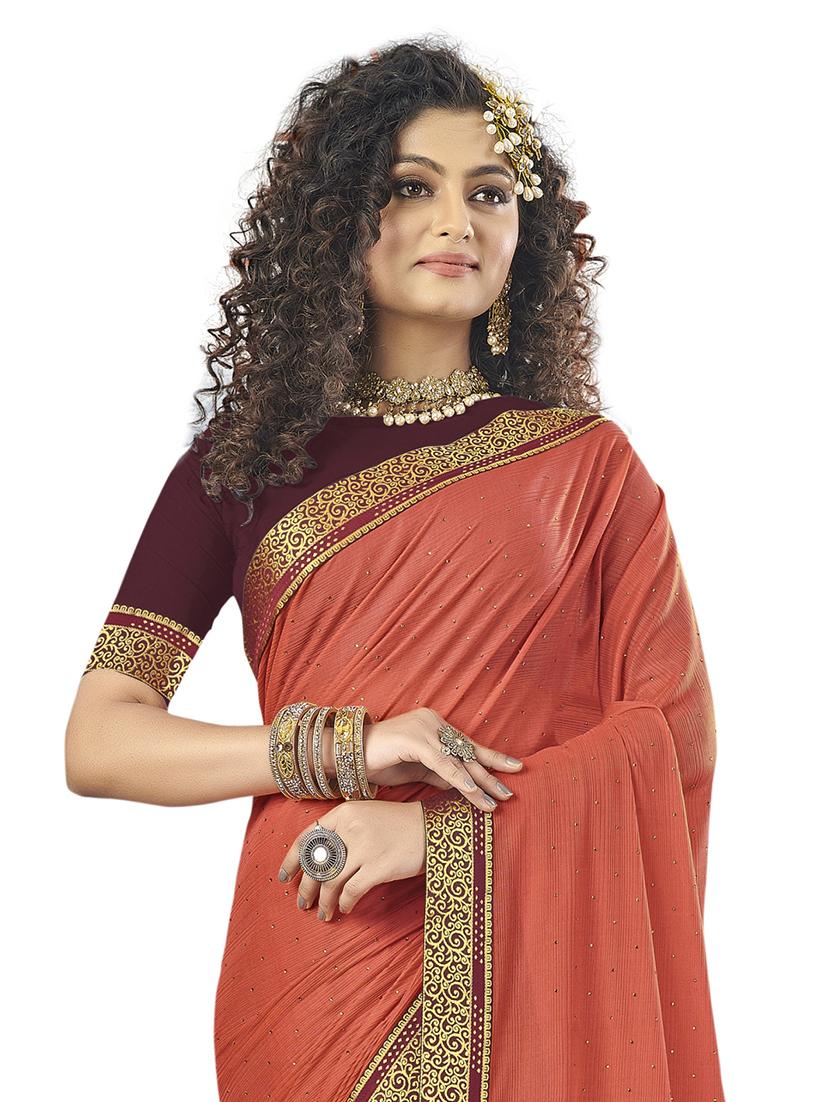solid bordered saree with blouse - 17709250 - Zoom Image - 2