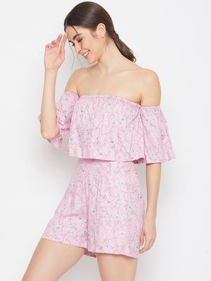 off shoulder floral crop top with shorts set - 17709310 - Standard Image - 2