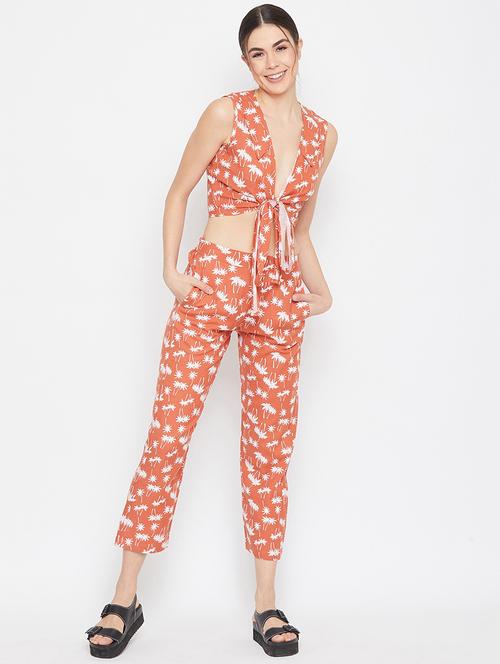 tie front tropical crop top with trouser set - 17709311 - Standard Image - 1