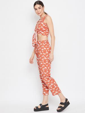 tie front tropical crop top with trouser set - 17709311 - Standard Image - 2