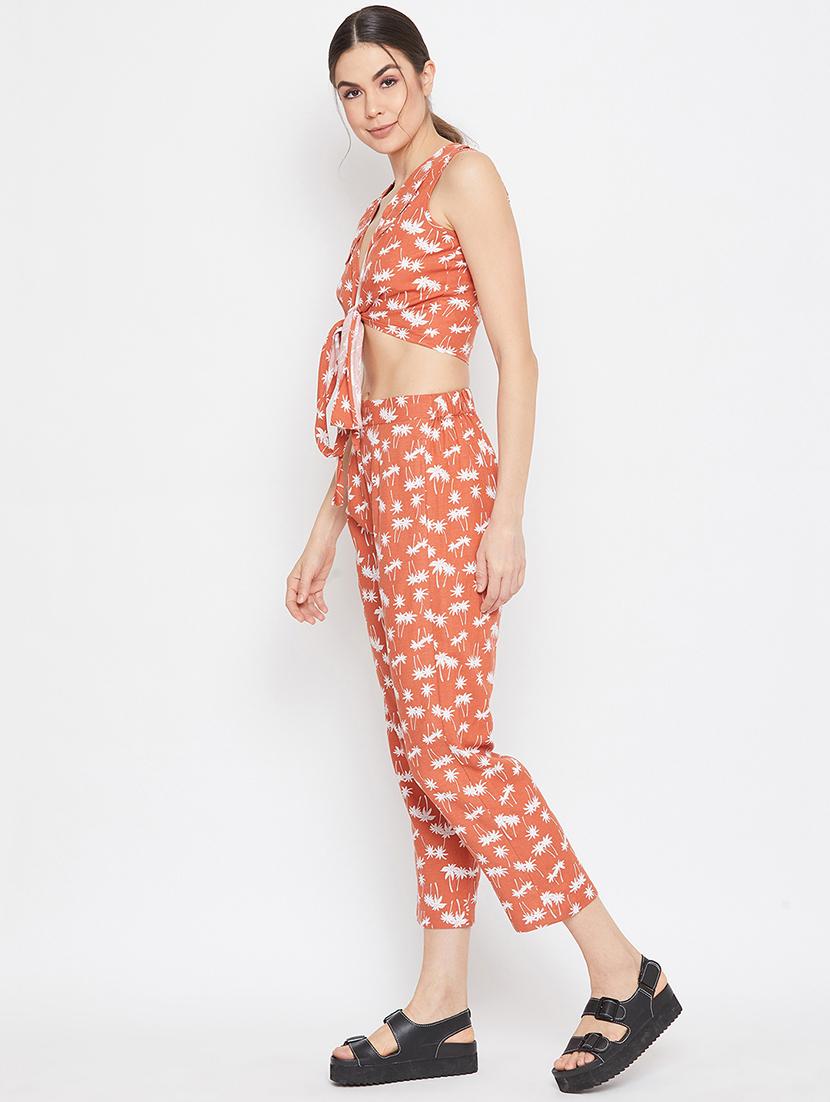 tie front tropical crop top with trouser set - 17709311 - Zoom Image - 2