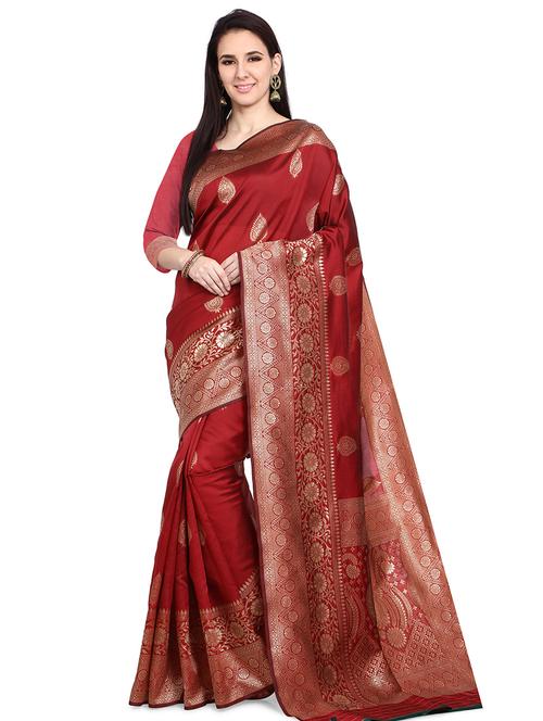 maroon silk blend banarasi saree with blouse - 17709567 - Standard Image - 1