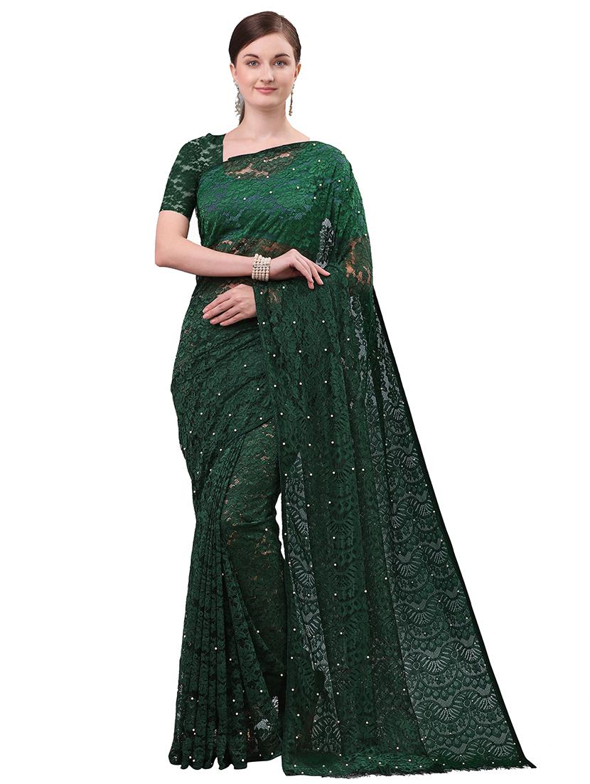 bottle green plain saree with blouse - 17709585 - Zoom Image - 1