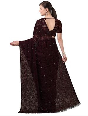 wine solid plain saree with blouse - 17709586 - Standard Image - 2