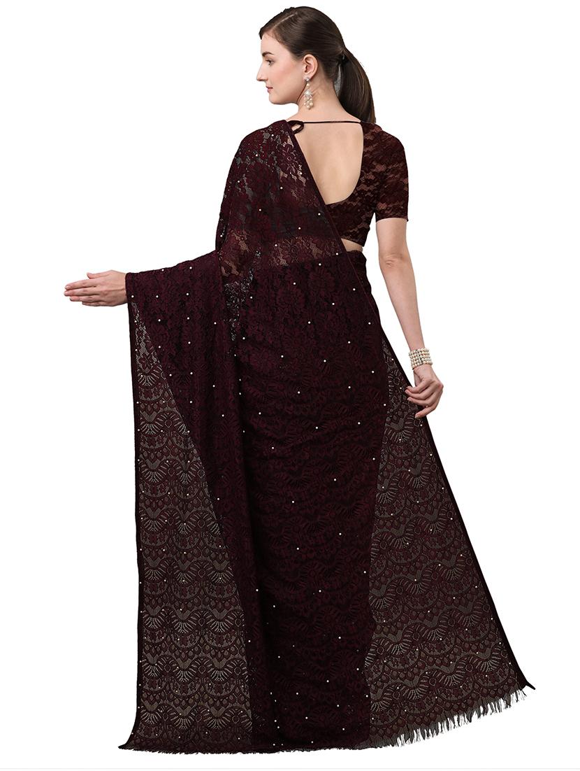 wine solid plain saree with blouse - 17709586 - Zoom Image - 2