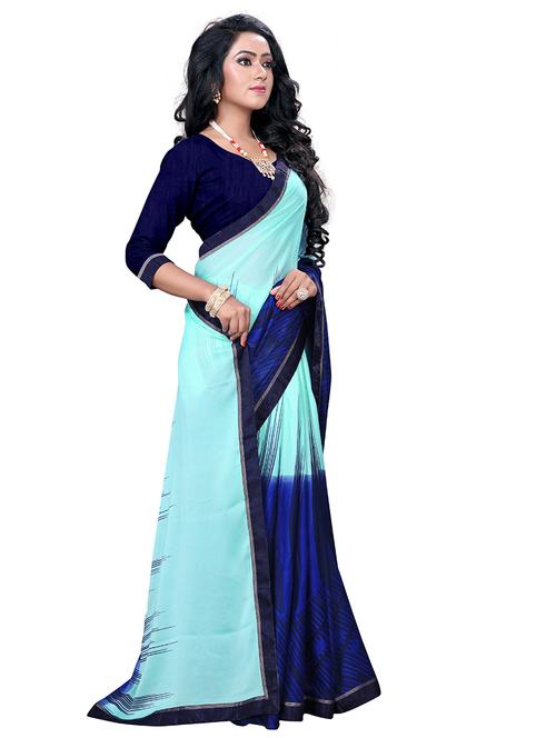 turquoise contrast printed saree with blouse - 17709606 - Standard Image - 1