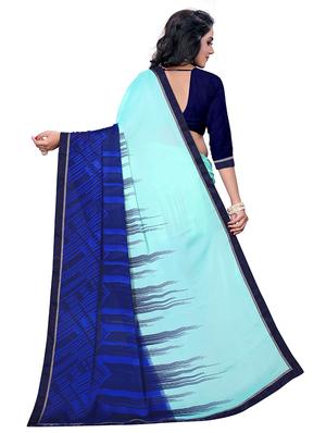 turquoise contrast printed saree with blouse - 17709606 - Standard Image - 2