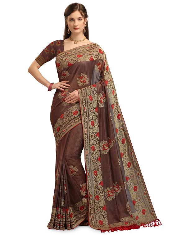 self design brasso saree with blouse - 17709936 - Zoom Image - 1