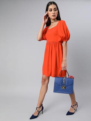 puff sleeved solid fit & flare dress - 17710078 - Standard Image - 3