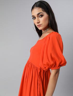 puff sleeved solid fit & flare dress - 17710078 - Standard Image - 4