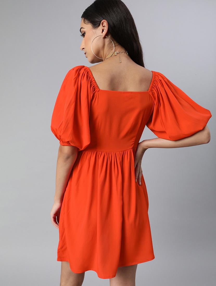 puff sleeved solid fit & flare dress - 17710078 - Zoom Image - 2