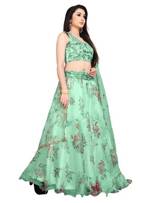 sea green floral print flared lehenga - 17710374 - Standard Image - 2