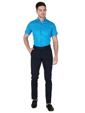 navy blue solid flat front casual trouser - 17710825 - Standard Image - 4