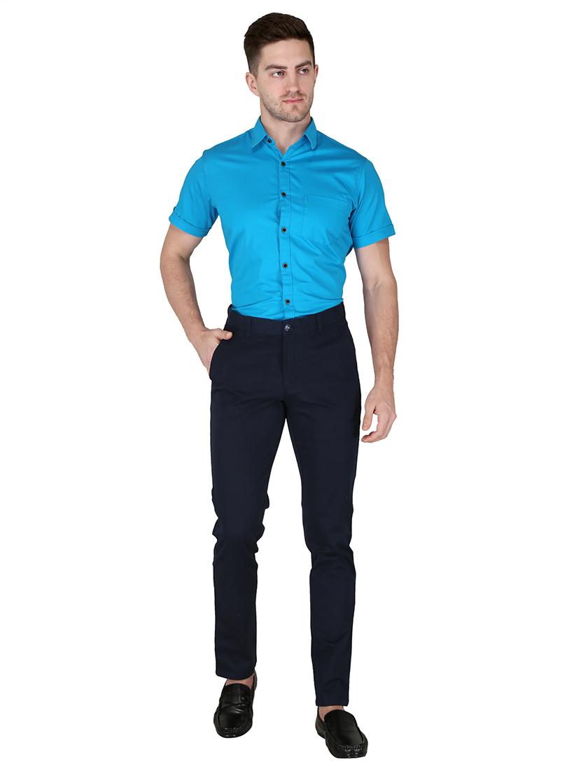 navy blue solid flat front casual trouser - 17710825 - Zoom Image - 4